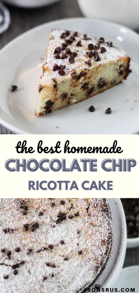 Italian Ricotta Cake With Chocolate Chips, Italian Chocolate Chip Ricotta Cake, Ricotta Chocolate Chip Cake, Chocolate Chip Ricotta Cake, Italian Cakes Authentic, Ricotta Chocolate Cake, Ricotta Dessert Recipes Easy, Italian Ricotta Cake, Italian Chocolate Cake