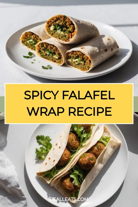 Spicy falafel wraps filled with greens and herbs on white plates. Spicy Falafel Wrap, Dinner Tortilla, Falafel Wrap Recipe, Flat Bread Wraps, Falafel Wraps, Weight Watchers Lunch, Falafel Pita, Creamy Sauces, Falafel Wrap