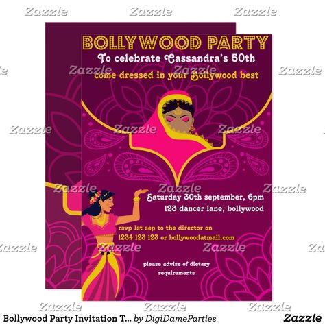 Bollywood Party Invitation Template Bollywood Party Invite, Bollywood Birthday, Surprise Birthday Decorations, Bollywood Retro, Bollywood Party, Retro Theme, Cat Party, Party Entertainment, Party Invite Template