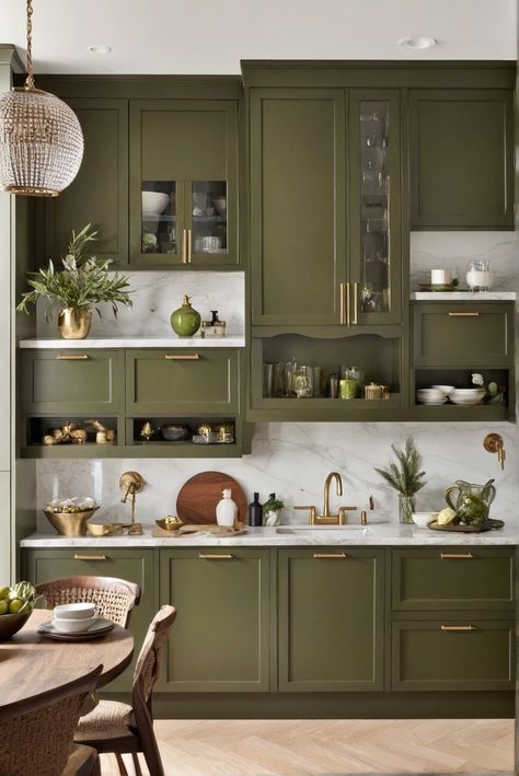 1. Home decor
2. Kitchen accessories
3. Olive green cabinets
4. Interior design Olive Green Countertops, Modern Vintage Interior Design Kitchen, Decorating With Olive Green, Olive Cabinets Kitchen, Olive Green Cabinets Kitchen, Olive Kitchen Cabinets, Kitchen Aesthetic Green, Green Kitchen Wallpaper, Green Kitchen Aesthetic