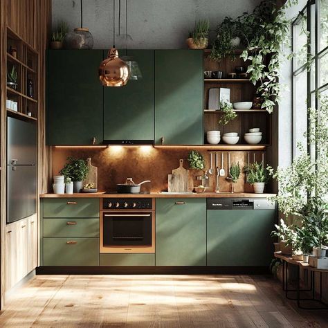 12 Stylish Green and Copper Small Kitchen Furniture Ideas for an Earthy Touch • 333k+ Inspiring Lifestyle Ideas Green Small Kitchen Ideas, Green And Copper Kitchen Ideas, Small Dramatic Kitchen, Biophilic Kitchen Ideas, Dark Green Kitchen Cupboards, Heritage Green Kitchen, Kitchen Colour Inspiration, Dark Green Moody Kitchen, Nature Kitchen Ideas