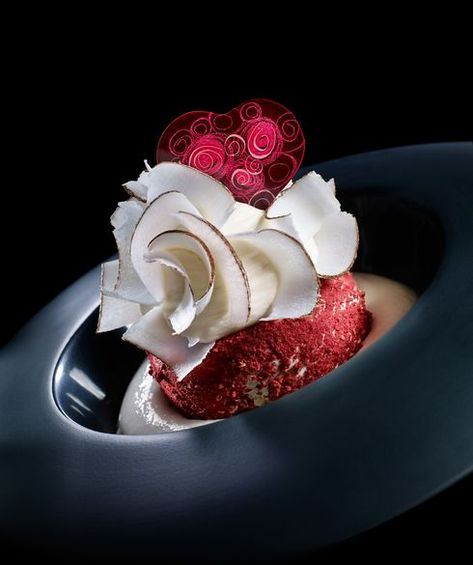 Recipe - Valentine's Plated Dessert | Valrhona, Let's Imagine the Best of Chocolate Chocolate Beet Cake, Valentine Plates, Chocolate Shots, Pecan Desserts, Fine Dining Desserts, Valrhona Chocolate, Chocolate Custard, Dessert Presentation, Lemon Yogurt