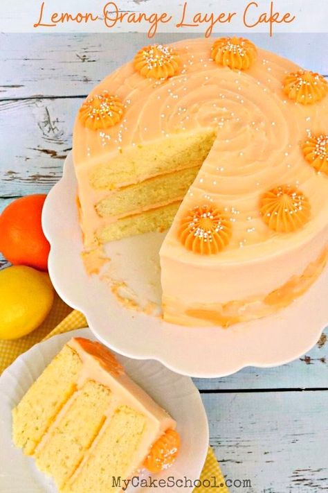 Lemon Orange Layer Cake is SO moist and has wonderful citrus flavor! Homemade lemon cake layers are glazed with orange curd and filled and frosted in luscious orange cream cheese frosting! #citruscake #citrus #orangecake #lemoncake #lemonorangecake #layercake #cakerecipe Orange Layer Cake Recipe, Orange Layer Cake, Blueberry Lemon Cake Recipe, My Cake School, Orange Curd, Citrus Cake, Lemon Cakes, Sweet Pies, Fruity Cake