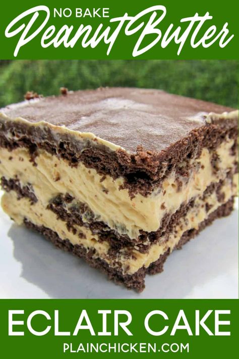 Peanut Butter Eclair Cake, Peanut Butter Eclair, Eclair Cake Recipe, Peanut Butter Pudding, Eclairs Dessert, No Bake Eclair Cake, Nobake Dessert, Eclair Cake Recipes, Chocolate Eclair Cake