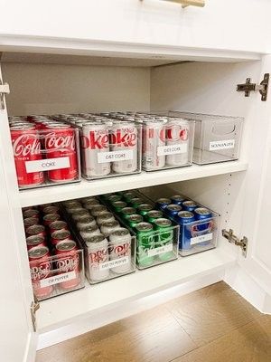 Cans Soda Drink Organization Professional Home Organizer Kitchen Organizing Kitchen Drink Storage, Organize Drinks In Pantry, Soda Organization Pantry, Pantry Drink Storage, Drink Organizer Pantry, Soda Can Organizer, Soda Storage Pantry, Pantry Drink Organization, Diy Soda Can Storage