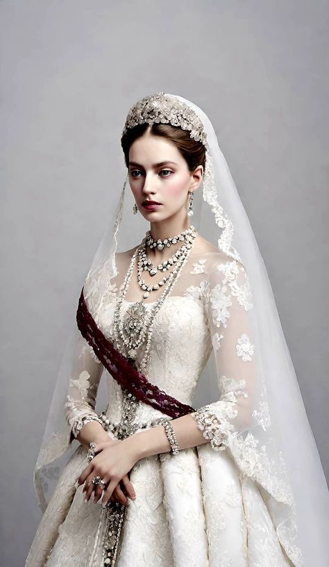 Old Queen Aesthetic, Medieval Gowns Royals, Bella Epoque, Appalachian Horror, Glitter Veil, Aesthetic Queen, Bridal Hair Bands, Empire Waist Wedding Dress, Wedding Veil Vintage