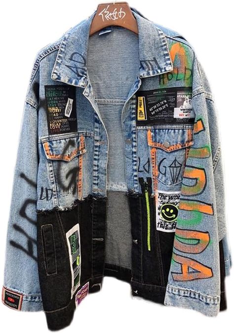 Amazon.com: Jeans Jacket Women Streetwear Fashion Spliced Graffiti Print Denim Pocket Lapel Loose Patchwork Hip Hop Coat,Blue,M : Everything Else Patch Work Jean Jacket, Graffiti Jean Jacket, Patchwork Jeans Jacket, Streetwear Denim Jacket, Jean Jacket Customized, Custom Jean Jacket Diy, Jean Jacket Custom, Clothes Print Design, Diy Jean Jacket Ideas