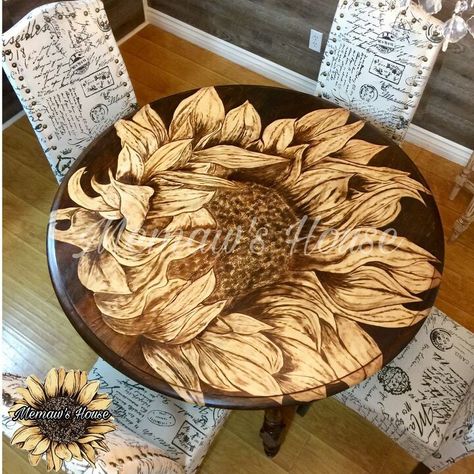 Sunflower Table, Table For 12, Kitchen Table Makeover, Stained Table, Country Table, Wood Stains, Vinyl Tablecloth, Wood Burning Art, Table Makeover