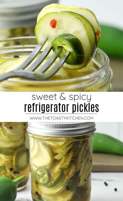 Sweet Refrigerator Pickles, Pickles Homemade Easy, Spicy Refrigerator Pickles, Spicy Pickle Recipes, Jalapeno Recipe, Spicy Pickle, Refrigerator Pickle Recipes, Homemaking Ideas, Condiments Recipes