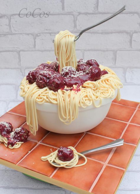 spaghetti and meatballs gravity cake  by Lynette Brandl Spaghetti And Meatball Cake, Spaghetti Cake Birthday, Cake Auction Ideas, Anti Gravity Cake Ideas, Gravity Cake Ideas, Dessert Imposters, Cool Cake Ideas, Spaghetti Cake, Is It Cake