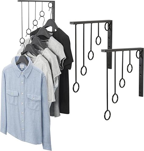 Amazon.com: MyGift Set of 3 Wall-Mounted Metal Garment Rack/Bedroom Closet Clothing Organizer with 5 Hanging Rings, Black: Home & Kitchen Garment Rack Bedroom, Wall Hangers For Clothes, Clothing Store Interior, Clothing Store Design, Hanging Clothes Racks, Clothes Hanging, Clothing Displays, Garment Rack, Clothes Rail