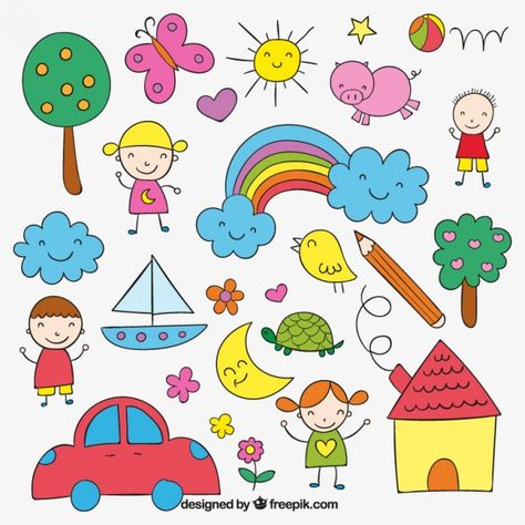 Children's drawing Free Vector | Free Vector #Freepik #freevector #hand #kids #hand-drawn #colorful Children Drawing Ideas For Kids, Simple Art For Kids, Simple Kids Drawing, Kid Doodles, How To Draw Kids, Kids Drawing Ideas, Doodle Kids, Drawing Children, Easy Pictures To Draw