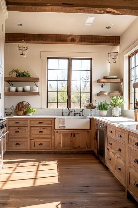 Old Farmhouse Kitchen Remodel Cabinet Colors, Natural Wood Cupboards Kitchen, Light Wood Kitchen Cabinets Green Backsplash, Farmhouse Sink With Wood Cabinets, Cottage Kitchen With Wood Cabinets, Natural Farmhouse Kitchen, Wooden Farmhouse Kitchen, Kitchen Ideas White Countertops, Colored Kitchen Cabinets Farmhouse