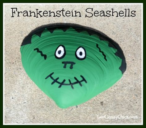 Shell Halloween Crafts, Halloween Painted Shells, Painted Frankenstein, Painting Seashells, Seashell Decorations, Painting Shells, Beach Halloween, Sanibel Shells, Painted Seashells