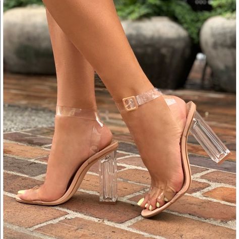 Hey Girlies!  These Lovely Pair Of Fashion Nova Heels Were Worn Only Twice. Hoco Shoes, Black School Shoes, Mens Brown Dress Shoes, Birthday Shoes, Hak Tinggi, Glass Heels, Clear High Heels, Heels Aesthetic, Transparent Heels