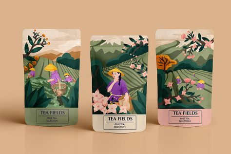 Packaging Illustration on Behance Illustration Packaging Design, Coffee Label Design, Tea Box Design, Packaging Illustration, Illustration Packaging, Tea Illustration, Tea Packaging Design, Coffee Label, Packaging Label Design