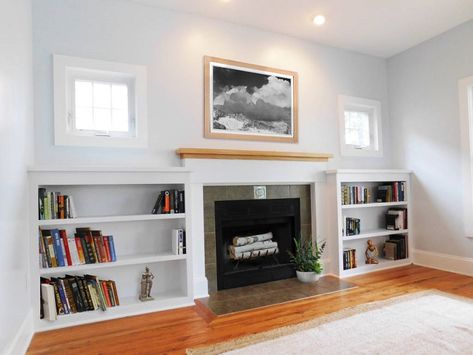 Shelves Around Fireplace, Bookshelves Around Fireplace, Horizontal Bookcase, Fireplace Bookcase, Built In Around Fireplace, Fireplace Windows, Low Bookshelves, Built In Bookshelves, Fireplace Bookshelves