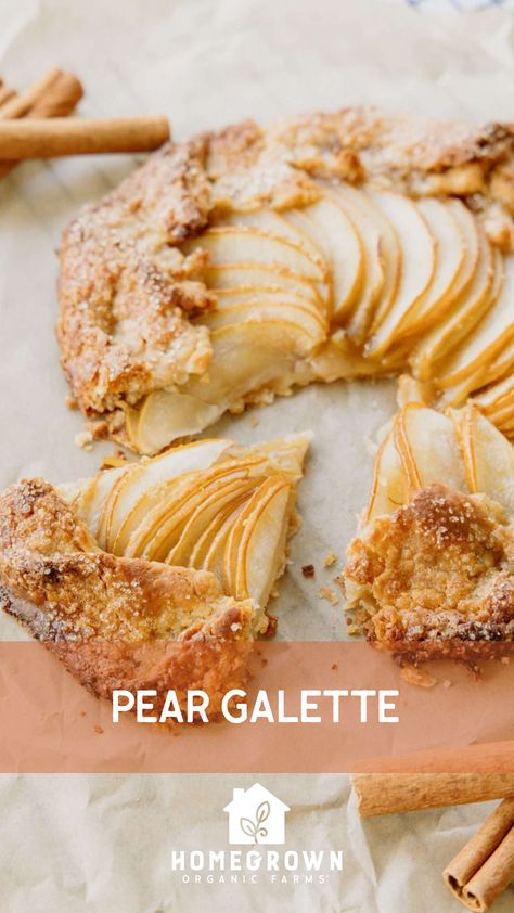 This pear galette recipe is a crowd favorite. Check out the recipe which includes our homemade spiced whipped cream. #galetterecipe #fruitdessert https://www.hgofarms.com/recipe_post/asian-pear-galette-with-spiced-whipped-cream/ Asian Pear Pie, Recipes With Asian Pears, Asian Pear Dessert, Asian Pear Recipes, Filled Desserts, Friendsgiving Dessert, Pear Tarte, Pear Galette, Pear Recipe