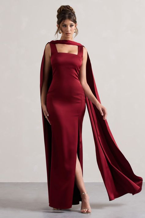 Intuition | Burgundy Satin Square-Neck Split Maxi Dress With Scarf Burgundy Silk Dress Long, Neck Scarf Dress, Black Tie Dress Code Women, Maxi Dress With Scarf, Trust Intuition, Square Neck Maxi Dress, Burgundy Formal Dress, Black Tie Dress Code, Dress With Scarf