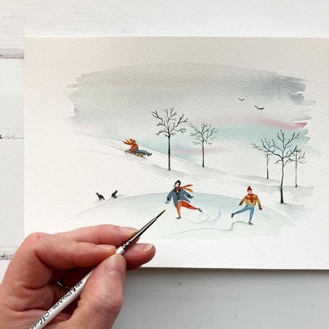 Watercolor Scenes Simple, Winter Wonderland Drawing Ideas, Ice Skating Watercolor, Watercolour Christmas Scene, De Winton Paper Co Tutorials, Watercolour Winter Scenes, Winter Watercolour Painting, Winter Watercolor Tutorials, Winter Watercolor Ideas