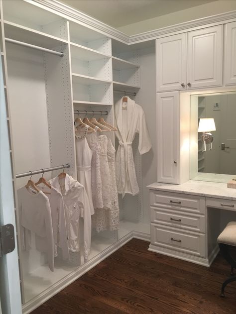 Closet With Vanity Table, Master Closet With Makeup Vanity, Closet With Makeup Area, Closet With Vanity Built In, Vanity Inside Closet, Vanity In Closet, Coat Closet Design, Walk In Closet With Vanity, Closet With Vanity