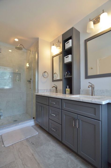 Grey Bathroom Cabinets, Budget Bathroom Remodel, Large Bathroom, Gray Cabinets, Bathroom Remodel Designs, Bathroom Remodel Shower, Renovation Design, Budget Bathroom, Grey Bathrooms