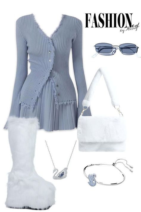 Blue Winter Outfits For Women, Cute Blue Outfits Aesthetic, Winter Wonderland Theme Outfit, Designer Aesthetic Outfits, Winter Blue Outfit, White Winter Skirt, Soft Blue Outfit, Blue Winter Outfits, Blue And White Outfit