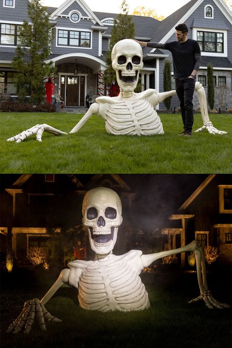 A terrifying, double-take-inducing statue of a gigantic skeleton that's seemingly crawling up out of the front lawn. Giant Outdoor Skeleton, Huge Skeleton Decor, Diy Large Skeleton, Skeleton Coming Out Of Ground, Large Skeleton Halloween Decor, Giant Skeleton Ideas, Yard Skeleton Ideas, 12 Foot Skeleton Ideas, Halloween Lawn Decor