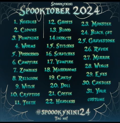 HEYYY October is soon! and I wanted to make a prompt list thank you for the help @maya_artsz and @illusionz_m 💚✨ In order to participate tag me and use the hashtag #spoookynini24 If you can’t draw every days prompt you can pick a random prompt and draw one each week of October! I know some people are busy so just remember to have fun 🎃 it doesn’t have to be a whole full drawing daily a sketch is good enough Join my discord server in the link in my bio to join and share your artwork pro... Drawing Prompt List, October Prompts, Halloween Prompts, 300 Drawing Prompts, Writing Prompts Poetry, Full Drawing, Art Journal Challenge, Drawing Challenges, Theme List