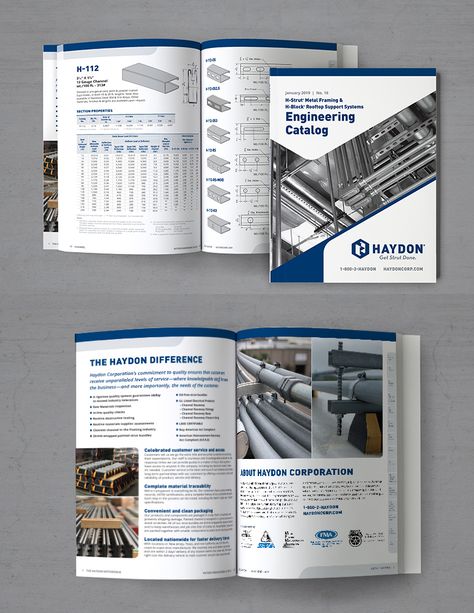 Aviate Creative designed Haydon Corporation's new strut metal product catalog. Haydon is a metal manufacturer of strut metal, baseboards, and rooftop support systems.  #catalog #catalogdesign #productcatalog #manufacturing #metalmanufacter #metalcatalog #metalproducts Engineering Catalogue Design, Industrial Catalog Design, Products Catalog Design, Product Catalog Cover, Product Brochure Design, Catalog Design Inspiration, Product Catalog Design, Booklet Design Layout, Print Design Brochure