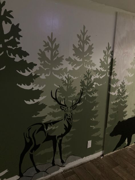 Camo Painted Walls, Camo Bedroom Ideas, Deer Mural, Camo Wall, Camo Bedroom, Tree Wall Murals, Woodland Wall, Forest Wall Mural, Cabin Art