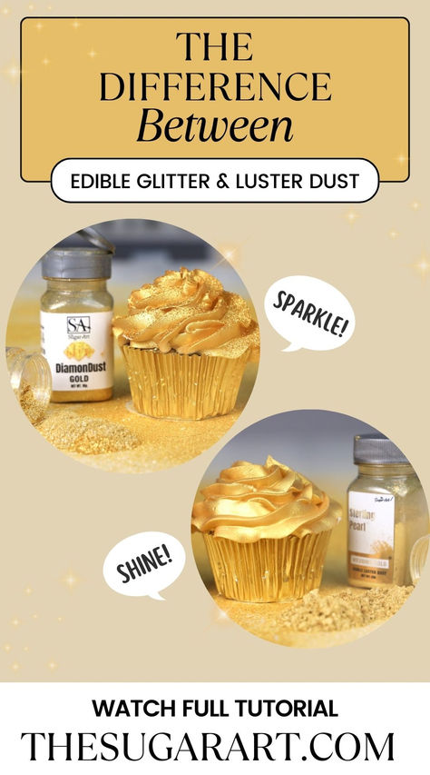 Learn the difference between Edible Glitter and Luster Dust! Ed teaches you the scientific differences between the two, when to choose one over the other and each products BEST uses! Click the link to learn more! Edible Luster Dust, Luster Dust, Edible Glitter, Yummy Desserts, Baking Ideas, Sugar Art, Choose One, Decorated Cookies, Kitchen Hacks