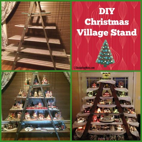 DIY Christmas Village Stand She used a ladder and then added boards that she wrapped in gift wrap.  She added cotton “snow” and you could also add extra lights if you want. Pallet Christmas Tree Village Display, Christmas Village Ladder, How To Display Christmas Village, Ways To Display Christmas Village, Christmas Village Display Ideas Diy, Christmas Village Tree Tiered Shelf Plans, Wood Tree Shelf For Christmas Village, Tree Shaped Shelf For Christmas Village, Christmas Ladder