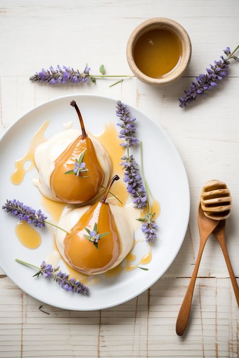 Lavender and Honey Poached Pears with Yogurt - Cooking Mediterranean Poach Pear Dessert, Feminine Food, Poached Pears Dessert, Lavender Food, Pear Photography, Desserts Photography, Dinner Hosting, Mediterranean Desserts, Whimsical Party