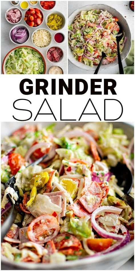 This Grinder Salad is everything you love about the classic Italian-American Grinder sandwich minus the bread! Made salami, ham, pepperoni, provolone, pepperoncini, and fresh veggies all coated in a creamy mayo dressing, serve this high-protein salad antipasto style or as a simple side salad for lunch or dinner. Hi Protein Salads, Healthy Antipasto Salad, Healthy Italian Sub Salad, Italian Salami Salad, Easy Grinder Salad, Italian Sandwich Salad, Grinder Salad Recipe, Macro Salad, Tik Tok Salad