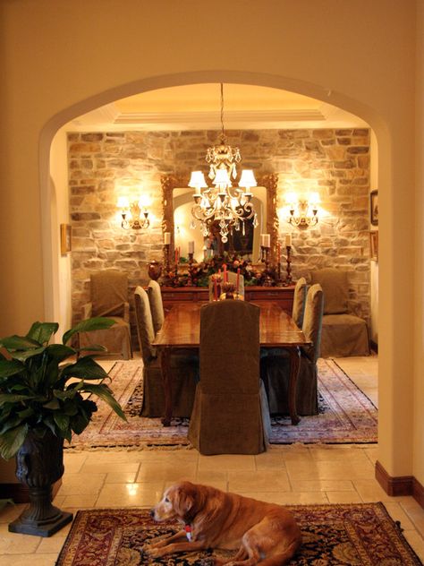 Mediterranean Dining Room Design, Pictures, Remodel, Decor and Ideas - page 9 Mediterranean Dining, Wall Decor Amazon, Mediterranean Dining Room, Mediterranean Interior Design, Stone Wall Design, Mediterranean Interior, Tuscan Design, Mediterranean Style Homes, Tuscan Kitchen