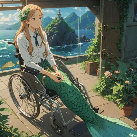 Mermaid with the long fishtail in wheelchair - AI Generated Artwork - NightCafe Creator Mermaid Fantasy Art Mythical Creatures, Wheelchair Mermaid, Summer Anime Art, Mermaid Model, Mermaid Anime, Mermaid Pose, Aqua Mermaid, Anime Mermaid, Demi Human