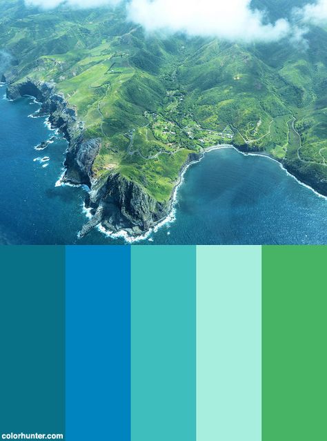 Maui+West+Coast,+James+Brennan+Hawaii+Color+Scheme Hawaii Colors Palette, Hawaii Colour Palette, Hawaiian Color Palette, Hawaii Color Palette, Paint Charts, Brand Palette, Hawaiian Decor, Fitness Room, Green Beach