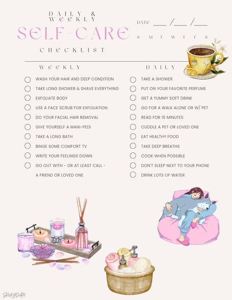 Upon making your purchase, you'll receive a PDF with a link to your editable Daily & Weekly Self-Care checklist. ✨️💕 I've made this checklist post on the wall worthy with the cute design, so you can post it in your bedroom or bathroom!  - S Self Care Checklist For Women, Cold Showers, Self Care Checklist, Self Care Bullet Journal, Body Exfoliator, Deep Conditioner, Take A Shower, Self Care Activities, Night Routine