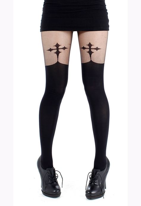 Goth Tights, Gothic Tights, Goth Cross, Plus Size Gothic, Estilo Emo, Suspender Tights, Angel Outfit, Cute Stockings, Black Goth