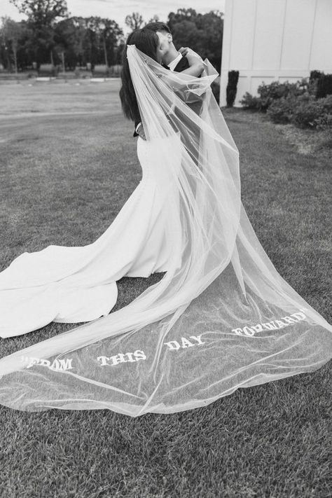 The Official List of 2023 Wedding Trends! - emberandstoneevents.com Wedding Veil With Writing, Veils With Words, Custom Veil Brides, Writing On Veil, Wedding Veil With Words, Embroidery On Veil, Wedding Veil Embroidery Words, Wedding Veil Inspiration, Veil Writing