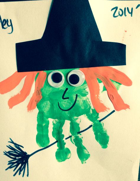 Witch handprint Witch Broom Craft Preschool, Witch Toddler Craft, Witches Broom Handprint, Witch Handprint Craft, Witch Art Projects For Preschool, Witch Handprint, Halloween Handprints, Handprint Witch Craft For Kids, Construction Paper Witch Crafts