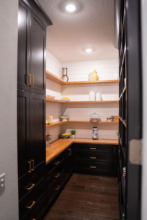 Black walk-in pantry #kitchen #blackcabinets #floatingshelves Small Black Pantry, Black Cabinet Pantry, Pantry With Black Cabinets, Black Cabinets Pantry, Black And Wood Pantry, Black Pantry Cabinets, Dark Wood Pantry, Black Butlers Pantry, Pantry With Cabinets And Counter