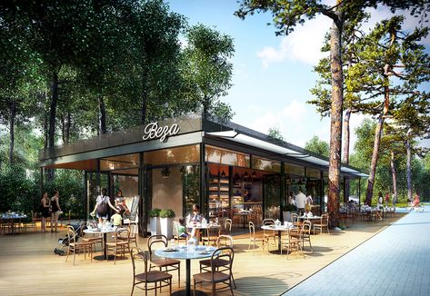 "Beza" Café on Behance Outdoor Restaurant Patio, Restaurant Exterior Design, Cafe Exterior, Outdoor Restaurant Design, Seating Design, Restaurant Exterior, Food Park, Cafe Concept, Restaurant Patio