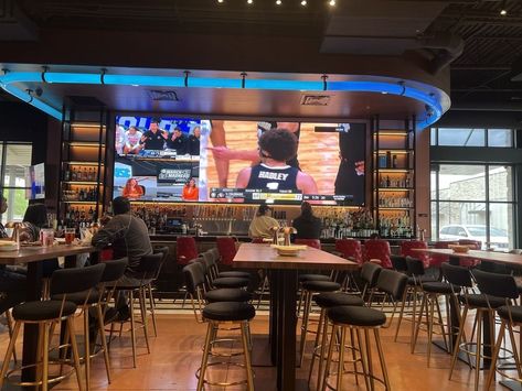 Because Sports Bars deserve the best interiors design too!  Loving this color changing #CustomLighting piece we did for Fanzo Sports Bar!  #InteriorDesign #HospitalityDesign #Procurement #Sourcing Sports Bar Interior, Upscale Sports Bar, Dock Bar, Custom Globe, Sports Bars, Loading Dock, Bar Interior Design, Lighting Color, Back Bar