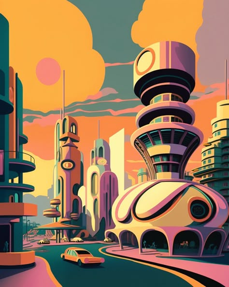 Sci Fi Illustration Retro Futurism, Art About The Future, Utopia City Concept Art, Vintage Scifi Art, Retro Futurism City, Futurism Building, Futuristic Art Illustrations, Futuristic City Drawing, Future City Illustration