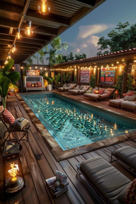 14 Trendy Pool Deck Decor Ideas You'll Adore 19 Pool With Deck And Bar, Pool Deck With Bar, Pool With A Bar, Pool Wood Deck Ideas, In Ground Pool Ideas, Small Pool With Swim Up Bar, Decking Around Pool, Bali Pools, Pool Decking Ideas