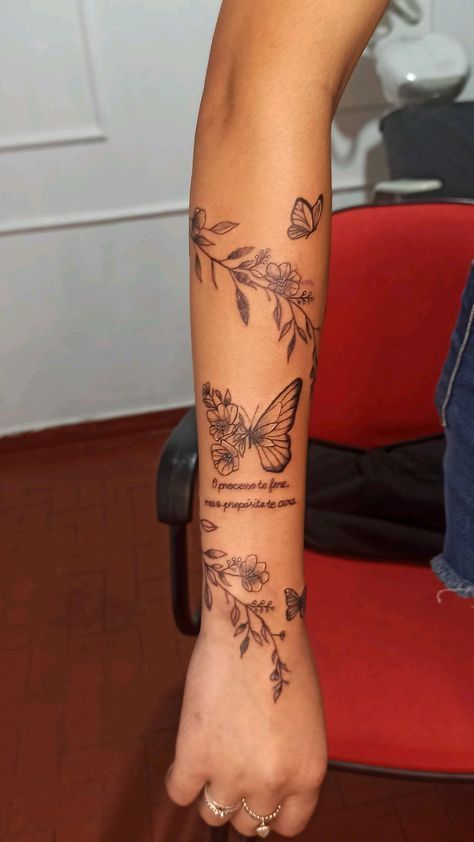 Thigh Memorial Tattoos, Flower Vine Sleeve Tattoos For Women, Tattoos That Go With Butterflies, Vine And Butterfly Tattoos For Women, Lotus Flower Wrap Around Arm Tattoo, Hibiscus Butterfly Tattoo, Butterfly With Vines Tattoo, Butterfly Tattoo With Vines, Butterfly Tattoos For Women Arm