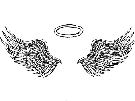 Angel wings with halo memorial tattoo Angel Wings And Halo Tattoo, Angel Halo Tattoo, Wings And Halo Tattoo, Halo Tattoo Ideas, Angel Wings Halo Tattoo, Angel Wings With Halo, Angel Wings And Halo, Angel Wings Halo, Halo Drawings