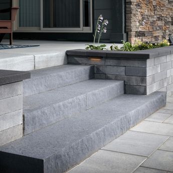 Widening Front Steps, Front Door Steps Ideas Entrance Stairs Modern, Sandy Landscape Ideas, Stair Outside House, Back Door Steps To Patio With Landing, Step Garden Ideas, Entry Steps Design, Stone Steps Front Door Entryway, Concrete Patio Steps Ideas